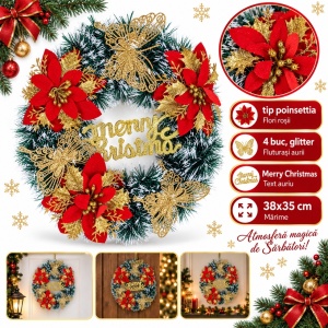 Coroniță decorativă de Crăciun cu flori roșii și fluturași aurii glitter, 38x35 cm - Img 5