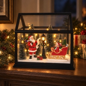 Decoratiune luminoasa de Crăciun cu muzica, model cu Moș Crăciun și sanie, 22x13 cm - Img 3