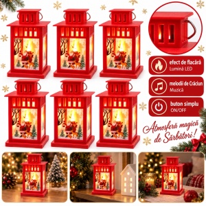 Felinar decorativ de Crăciun cu LED și muzică, set 6 bucăți, roșu, din plastic, 15x8 cm