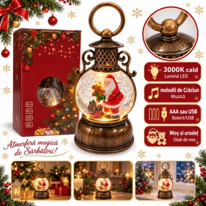 Felinar decorativ de Crăciun cu lumină LED și muzică, cu Mos Craciun , 17,5x6,5 cm