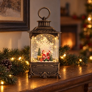 Felinar decorativ de Crăciun cu lumini LED si muzica, model cu Fulg de Nea Rotativ, 23x10 cm - Img 3