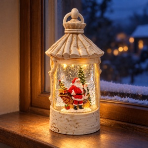 Felinar decorativ de Craciun cu Mos Craciun,cu lumini LED si muzica, crem, 23x9 cm - Img 3