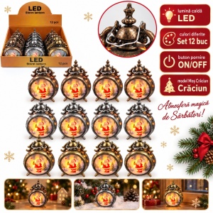 Felinar LED decorativ de Crăciun cu Moș Crăciun, set de 12 bucăți, plastic, 14.5 x 10cm