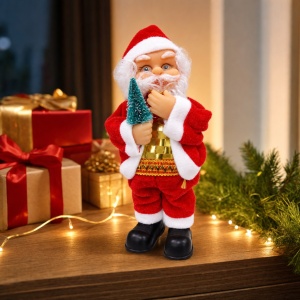 Figurină Moș Crăciun cu brăduț, catifea și plastic, 17 × 8 cm - Img 3