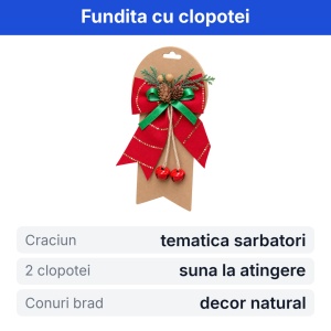 Funda decorativa de Craciun cu clopotei si conuri de brad, rosu si verde, 17x11cm - Img 2