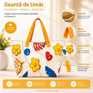 Geantă Mare de Plajă cu Mânere Tip Piele – Model Floral Colorat și Design Modern - Img 2