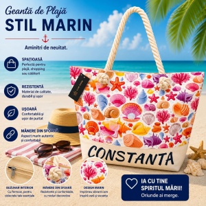 Geantă Mare de Plajă cu Scoici Colorate – Tote Spațioasă cu Mânere din Sfoară - Img 2
