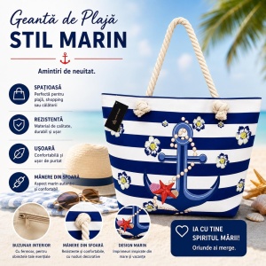 Geantă Mare de Plajă, Model Marin cu Ancoră și Dungi Albastre – Geantă Spațioasă de Vară - Img 2