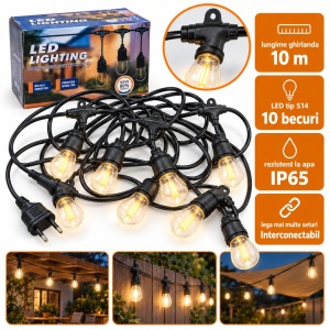 Ghirlandă exterior interconectabilă, 10 m, 10 becuri LED de 10 cm, lumină caldă - Img 5