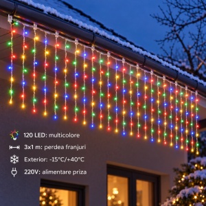 Instalație de Crăciun tip ploaie, 120 LED-uri, 3 × 1 m, exterior, fir alb, multicoloră - Img 3