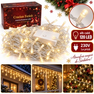 Instalație de Crăciun tip țurțuri, 120 LED alb cald, fir transparent, 4 m