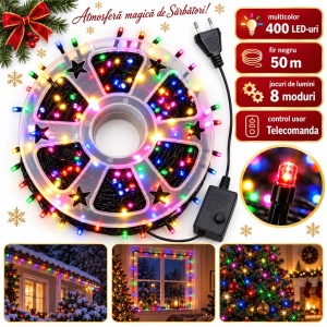 Instalație LED de Crăciun tip rolă, 50 m, 400 LED-uri, multicolor, fir negru, 8 jocuri de lumini - Img 5