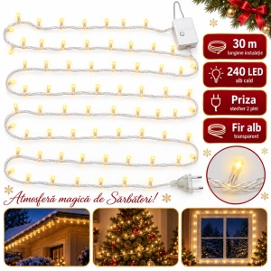 Instalație LED Tip liniar, 240 LED alb cald, fir alb, 30 m