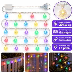 Instalație LED tip liniar, 4 m, 20 LED-uri cu model globulet, multicoloră, fir alb, interconectabilă