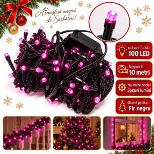Instalatie LED tip Liniara, 100 LED Fucsia, 10 m, Fir Negru, Multiple Jocuri de Lumini