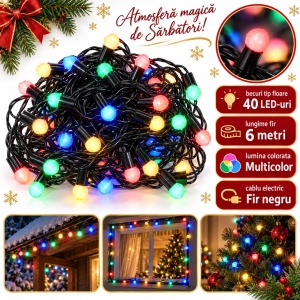 Instalatie LED Tip Liniara, 6 m, 40 LED-uri Multicolor, Fir Negru, model LED in forma de floare