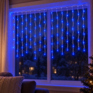 Instalatie LED tip ploaie, 120 de LED-uri albastre, 4 m, fir alb, interconectabila - Img 4