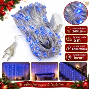 Instalație LED tip ploaie , 240 LED albastre, 6 m, fir alb , interconectabilă