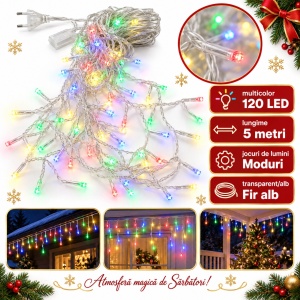 Instalatie LED Tip turturi , 120 LED-uri multicolor, 5 m, fir alb, multiple jocuri de lumini