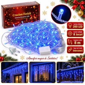 Instalație LED Tip Țurțuri, 8 m, 200 LED-uri Albastre, Multiple Jocuri de Lumini, Exterior/Interior