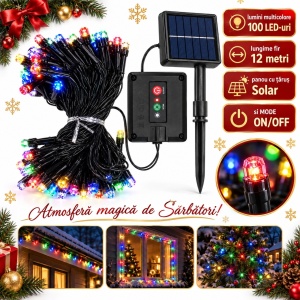 Instalație solară de Crăciun tip liniar, 100 LED-uri diamant multicolore, fir negru, 12 m