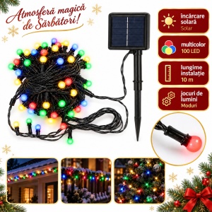 Instalație solară luminoasă de Crăciun, 10 m, 100 LED multicolor, LED tip globuleț