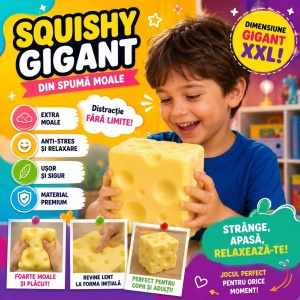 Jucărie Antistres Squishy Cașcaval Gigant XXL, 10 cm, din Spumă Moale – Slow Rising - Img 3