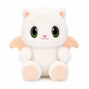 Jucărie de pluș pisică albă cu aripi de liliac, 20 cm – pluș moale, kawaii, cadou copii