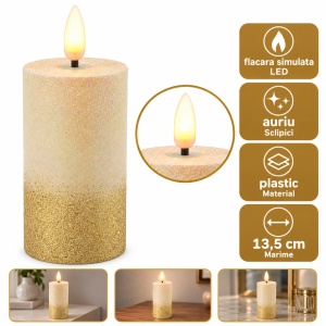 Lumânare LED decorativă cu flacără realista, sclipici auriu, plastic, 13.5x6cm