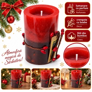 Lumânare parfumată decorativă de Crăciun din ceară roșie, cu fitil de bumbac, 8,5 × 5,5 cm