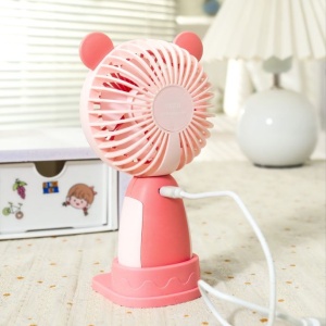 Mini Ventilator Portabil USB cu 3 Viteze, Suport Telefon si Baza, Model Urs, Bej - Img 4