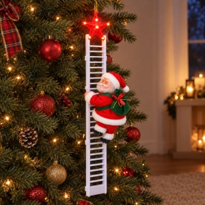 Moș Crăciun pe scară 70 cm (3 piese), figurină 20 cm, plastic și textil, muzică și lumini - Img 8
