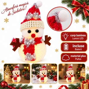 Om de zăpadă decorativ de Crăciun, pufos, cu LED pe baterii, 15x9 cm