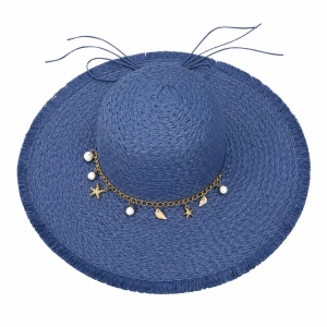 Pălărie Damă Albastru de Vară cu Bor Lat, Franjuri Decorative și Accesorii cu Perle