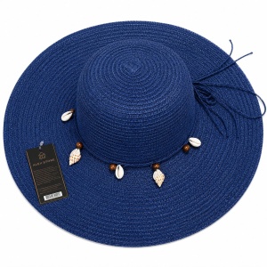 Pălărie Damă de Vară Albastru Marin cu Scoici și Mărgele Decorative – Bor Lat, Reglabilă, Protecție UV