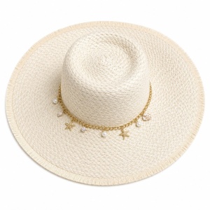 Pălărie Damă de Vară Bej cu Bor Lat și Lanț Decorativ cu Perle și Scoici – Elegantă, Protecție UV