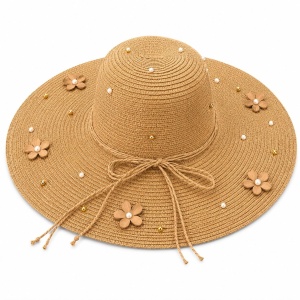 Palarie de Soare Bej cu Flori Decorative si Perlute pentru Plaja si Vacante