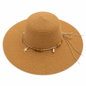 Pălărie de Soare Damă Maro Camel cu Bor Lat și Șnur Decorativ cu Mărgele și Scoici