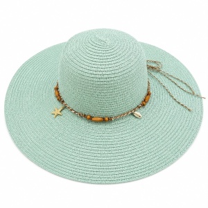 Pălărie de Soare Damă Verde Mentă cu Bor Lat și Accesorii Decorative – Elegantă