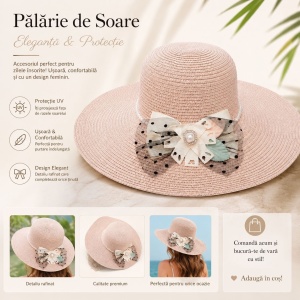 Palarie de Soare pentru Femei, Roz Pudrat, cu Funda Eleganta - Img 2