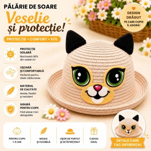 Palarie de Vara Crem pentru Copii, cu Design Pisicuta si Protectie UV - Img 2