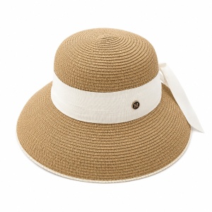 Palarie de vara dama bej cu funda alba eleganta si protectie UV pentru plaja