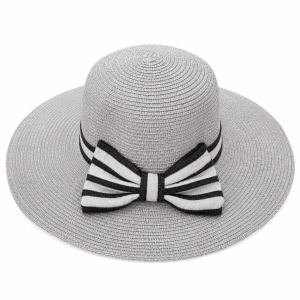 Palarie de vara dama gri cu funda eleganta in dungi si protectie UV pentru plaja