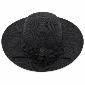 Palarie de vara dama neagra eleganta cu floare decorativa si protectie UV pentru plaja
