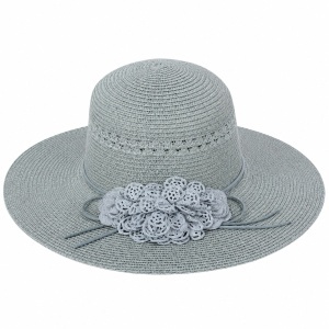 Palarie de Vara Eleganta pentru Femei, Gri Deschis cu Flori Decorative si Bor Lat