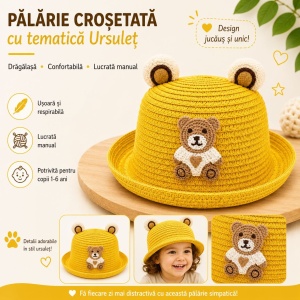 Palarie galbena copii cu ursulet, crosetata manual, bumbac, model vesel - Img 2