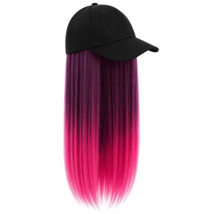 Peruca lunga 50 cm cu sapca neagra, par mov si fucsia