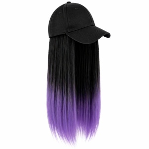 Peruca lunga dreapta negru cu ombre mov 50 cm cu sapca neagra
