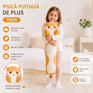 Pisică de pluș portocalie 70 cm – jucărie moale și pufoasă pentru copii, pernă decorativă - Img 2