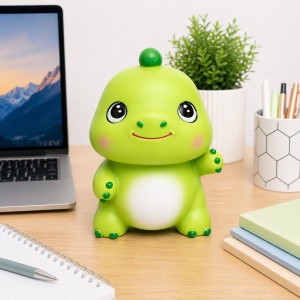 Pușculiță dinozaur verde 20 cm – cutie economii cu capac inferior, design vesel pentru copii